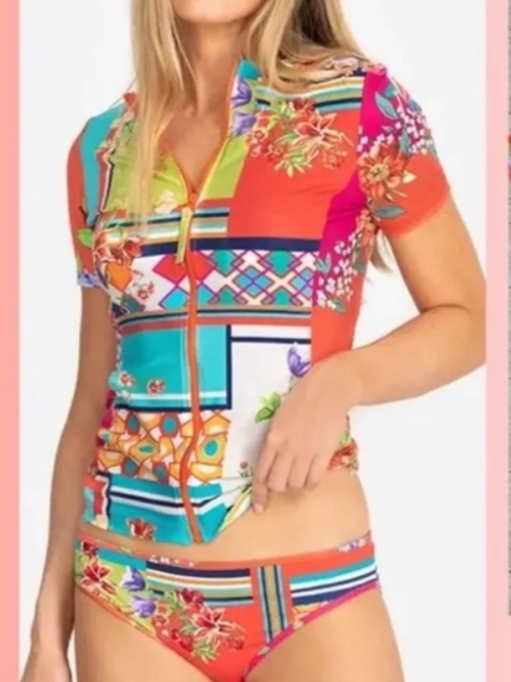 Johnny Was California Nanya Full Zip Surf Shirt Women's Patchwork Swim Top